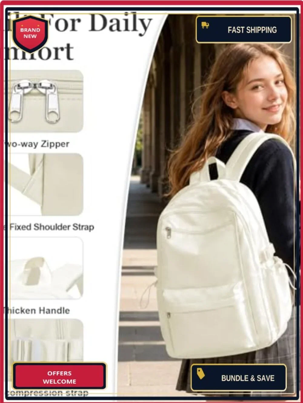 Water-Resistant Nylon School Backpack for Teen Girls College Travel Daypack